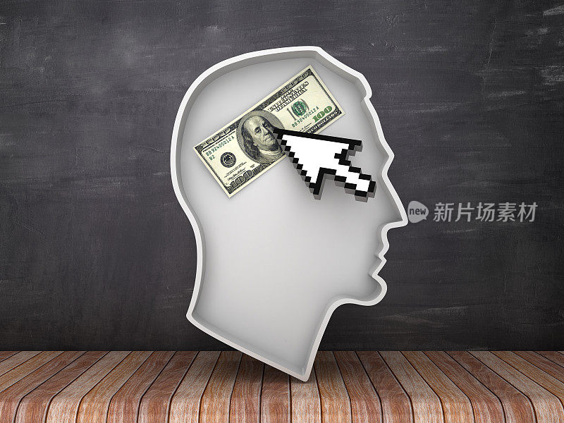 人的头形状与美元纸币和计算机指针在黑板背景- 3D渲染